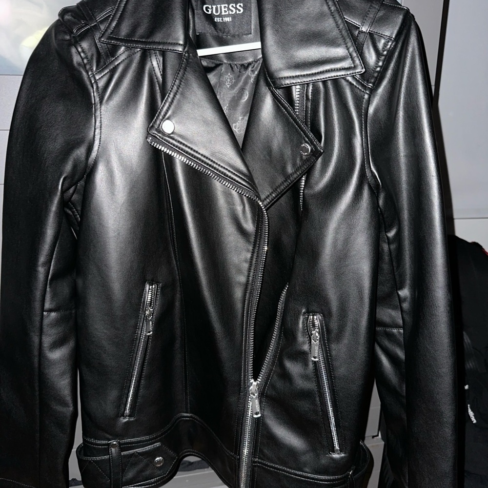 Guess Black Jean Jacket with Asymmetrical Zipper and Wide Lapel Collar